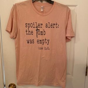 “Spoiler alert” Christian T-shirt. Light pink, tri-blend Bella + Canvas material
